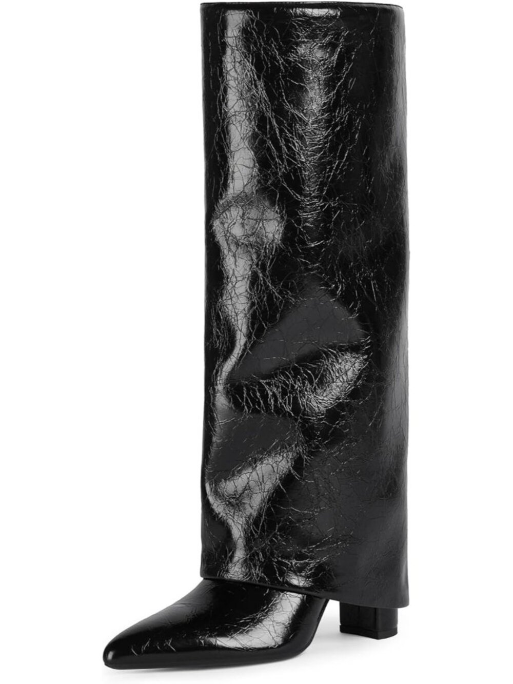 Women's Black2 Fold Over Knee High Boot Chunky High Heels Long Boots Pointed Toe